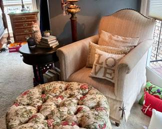 Very nice Caracole chair w/ western leather details & beautiful floral tufted ottoman 