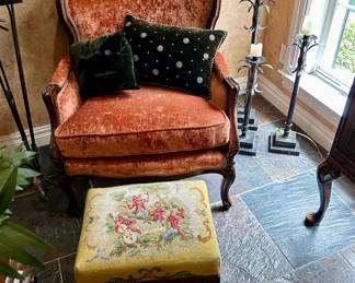 Gorgeous velvet parlor chair with very nice Double D Ranch pillows & unique needlepoint ottoman 