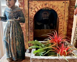 Antique handmade shrine/alter box & wood carved religious statue 