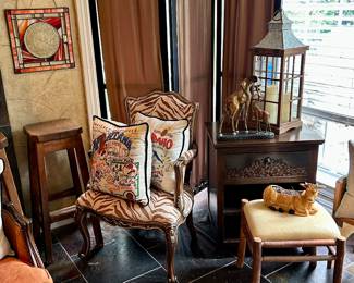 Lovely side chair with animal print, old-fashioned stool, pair of antique bar stools 
