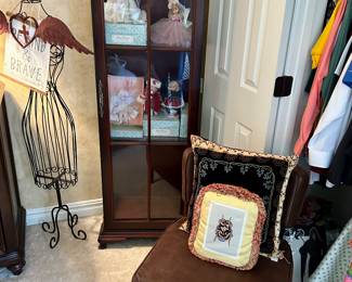 Sweet side chair, needlepointed and beaded pillows and small display cabinet w/ Madame Alexander dolls 