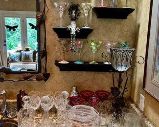 Nice selection of barware including Waterford stems & tumblers 