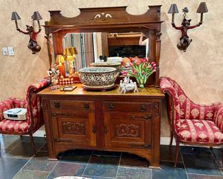 Gorgeous antique dry bar and unique side chairs 