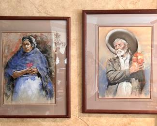 Pair of original pastels of Mexican couple 