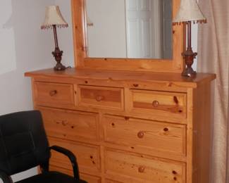 Country style 9 drawer dresser / chest with mirror...also Yellow pine hardwood....and total of 4 matching candlestick lamps