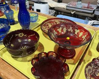 Gucci, Salvatore Ferragamo, Stuart Weitzman and others, Coach, Fitz & Floyd, Hakata Urasaki dolls, several Majolica pieces, Bohemian glass