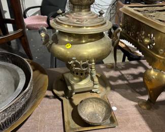 brass Samovar, leather furniture, Lee Industries, cool retro items, several antique pewter items, period two drawer side table, vintage wicker sewing basket, plant stand, vintage lighting, Staffordshire, Limoges, brass, Chandeliers