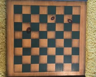 hand painted wooden chessboard with birdhouse motif 