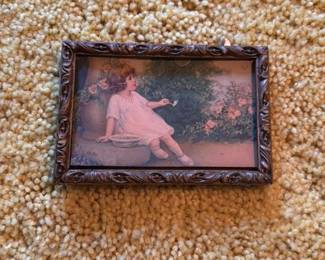 Victorian Era "Girl with Flower" Lithograph in Ornate Frame