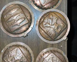 Set of 5 Antique Copper Molds with Heraldic and Animal Motifs 