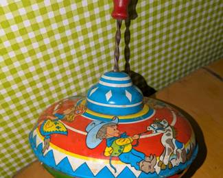 Vintage Tin Litho Spinning Top with Cowboy and Horse Motif 