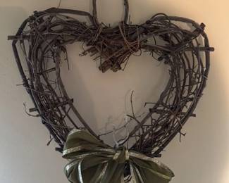 Grapevine Heart Wreath with Olive Green Ribbon Bow