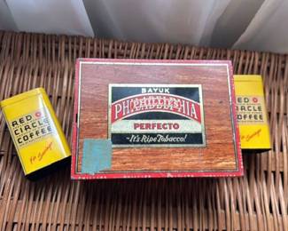 Bayuk Phillis Perfecto Cigar Box and Red Circle Coffee Tins 