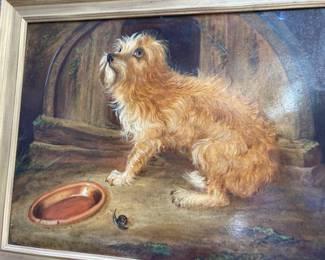 Oil on Canvas. An artist copy of Lanseer’s painting “Home Again,” painted by Platts dated 1887