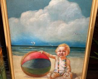 Oil on Board Illustration “Baby on the Beach,” by Russell Sandbourne