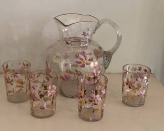 Late 19th century hand blown and painted pitcher and 4 glasses.