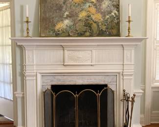 Contemporary Asian feel oil on Masonite. Fireplace implements