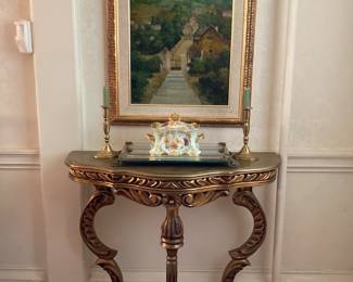 Hollywood Regency gilded console. Mid century landscape