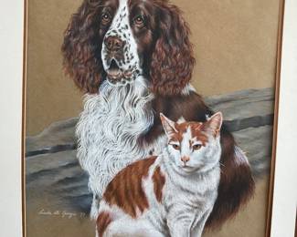 Pastel portrait of spaniel and cat