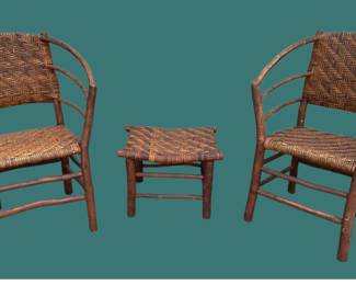 Pair of 1940’s Old Hickory Adirondack 3 hoop arm chairs with matching stool/table