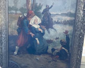 19th Century oil on canvas. Military scene of Zouave saving a nun