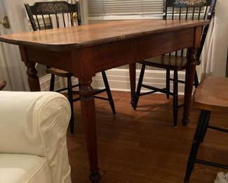 Apartment, breakfast nook sized antique farm table. Four dining chairs