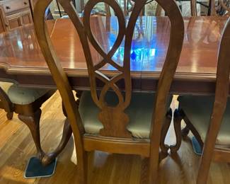 Available for presale- Dining room table and six chairs in very good condition with custom table pad.  Contact us by email or text for more information.