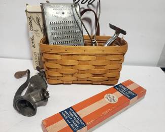 ANTIQUE KITCHEN ITEMS IN LONGABERGER BASKET