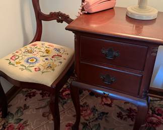 Wood Balloon Back Chair with Needlepoint Seat and 2 Drawer Nightstand