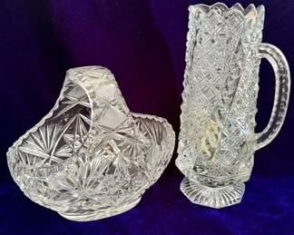 Cut Glass Basket and Pitcher 