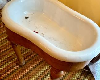 Antique Baby Wash Basin on Wooden Stand 