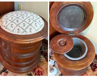 Round Wood Commode Stool, Floral Pad with Chamber Pot