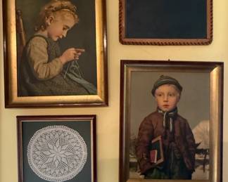 Framed Art - Little Girl Knitting (Strickendes Mädchen) and School Boy with Slate Board in a Snowy Landscape, Albert Anker - Crocheted Doily - Slate