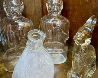 Glass Bottles, Lincoln bank Bottles with Lids and Glass Rabbit 