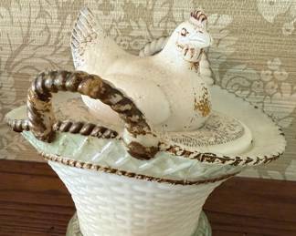 Milk Glass Hen on Basket