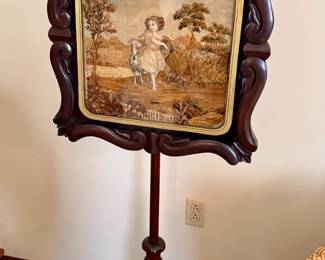 Antique Needlepoint Pole Fire Screen