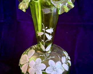 Floral Green Glass Vase with Ruffled Edge