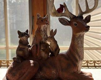 Whitetail Deer Sculpture with Fawn and Rabbit