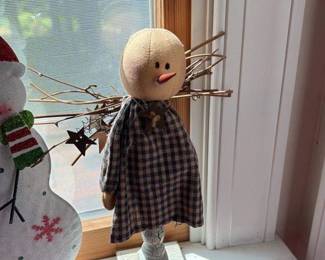 Primitive Fabric Snowman Doll with Twig Accents