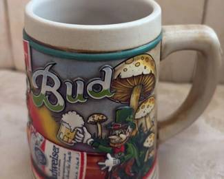 Budweiser "Bud" Beer Stein with Leprechaun and Mushrooms