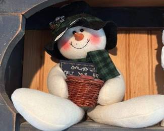Handmade Fabric Snowman Figurine with Wicker Basket
