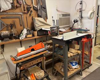 Scroll Saw, Upper and Lower Router Table, Tools