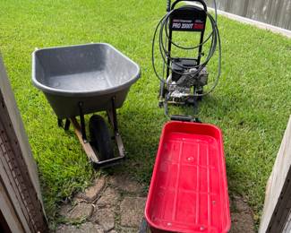 Power Washer, Wheelbarrow, Red Wagon