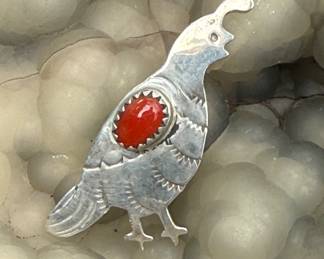 Coral and Sterling Quail Pin