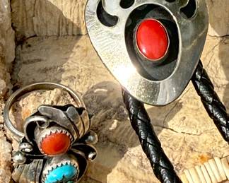 Coral and Sterling Bolo and Ring