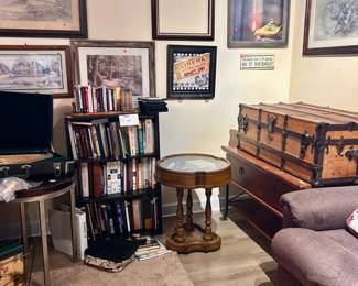 Second trunk on stand. Sold separately. Varies religious books. A shadow box table.