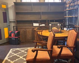 Cook shed have a most of the larger pieces of furniture. A extremely large bookcase top will come off to move. There is another oak table in main house. These are Ethan Allen chairs. Table and chairs sold separately.