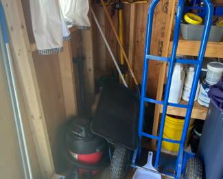 Hand truck, shop vac, yard tools.
