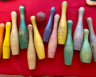 Vintage wooden bowling pins & ball