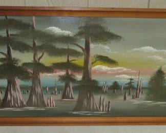 17" x 40" Joe Marshall Painting - Reelfoot Lake Evening Sunset  - Signed on Front & Back by Joe Marshall  